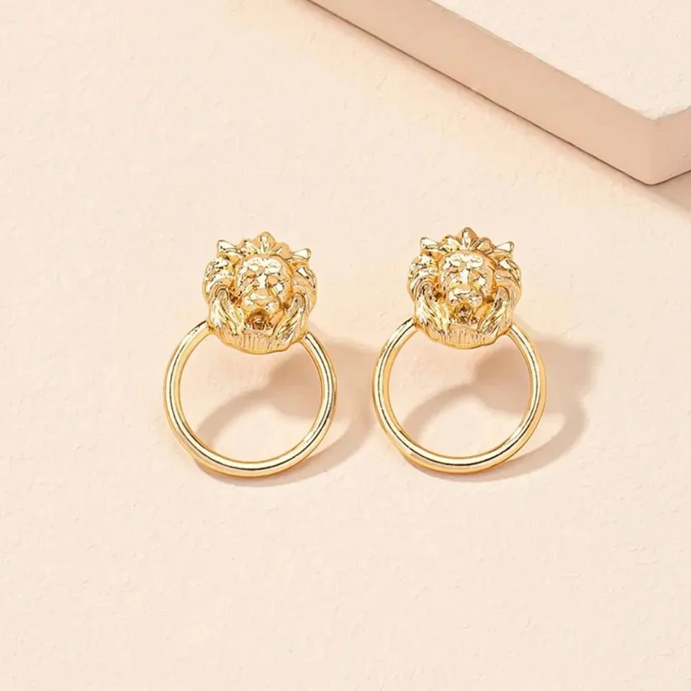 Gold Regal Lion Head Door Knocker Earrings NEW - Picture 2 of 6